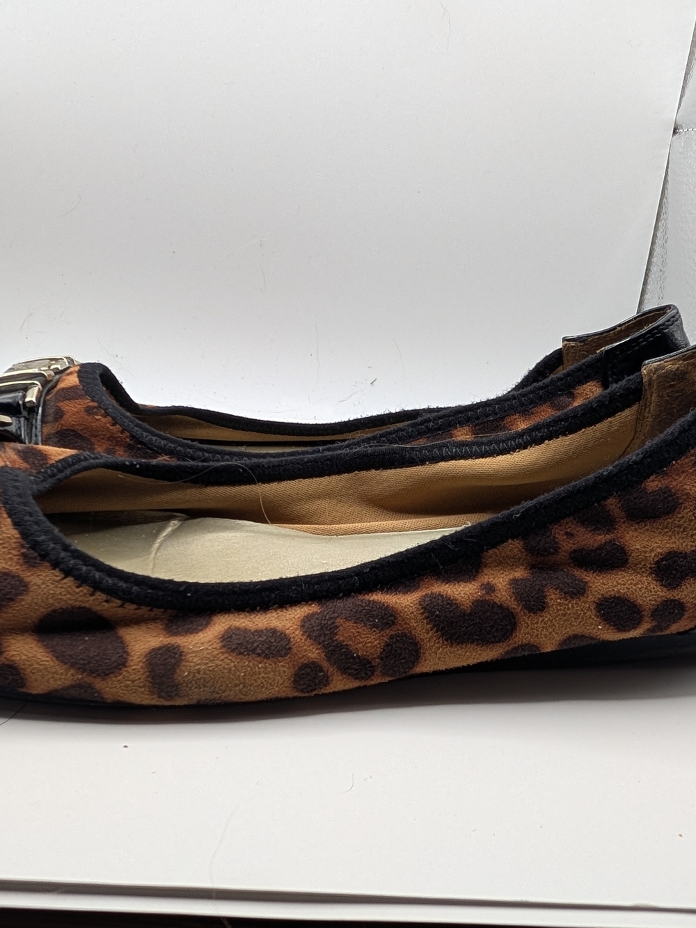 Anne Klein Sport Leopard Print Flats with Black Patent Toe and Silver Buckle - Picture 5 of 7
